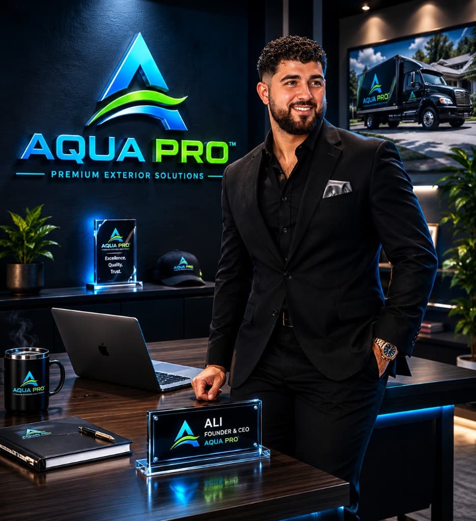 Ali, Founder and CEO of AquaPro, in the AquaPro branded office