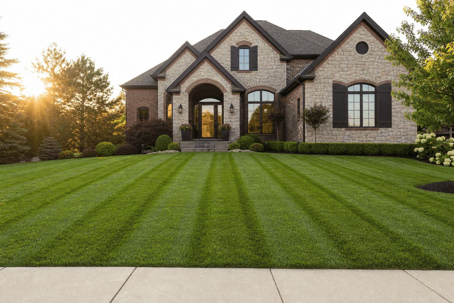 Stripe-cut lawn and landscaped yard by AquaPro Lawn Care
